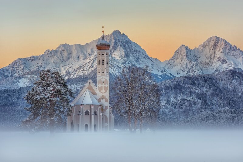 Church in Snowy Mountains — White, Serene, Winter, Photograph