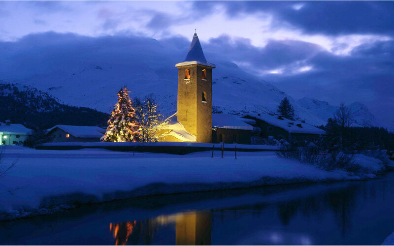 Church in Snowy Village — Blue
