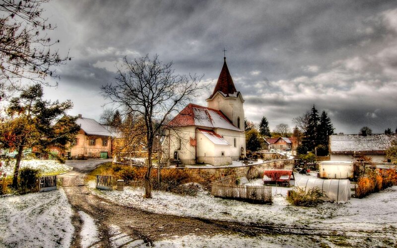 Church in Snowy Village — White, Dramatic
