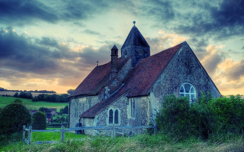Church in the countryside at sunset
