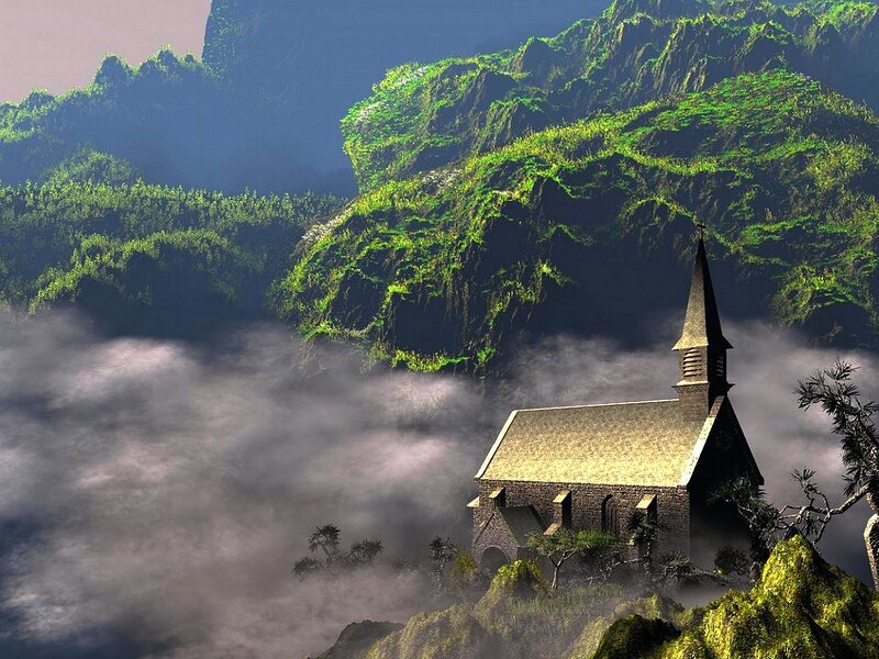 Church in the misty mountains