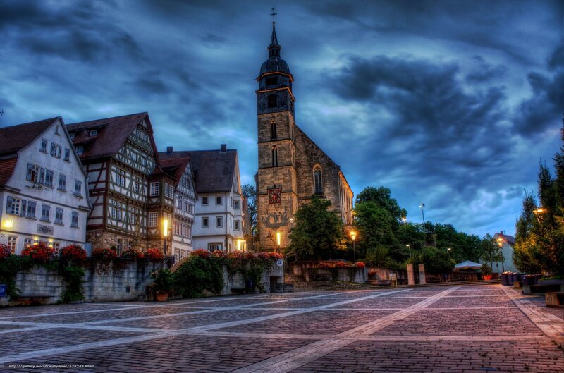 Church in Town Square — Blue, Dramatic