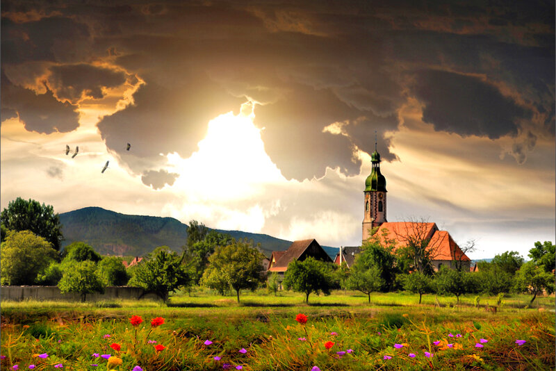 Church in Village Landscape — Green