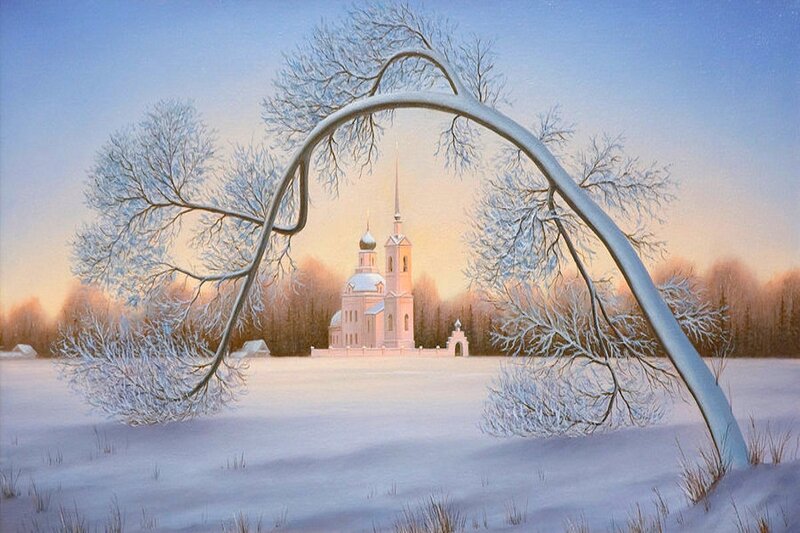 Church in Winter Landscape — White, Serene
