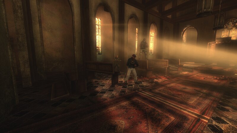 Church interior with armed figures