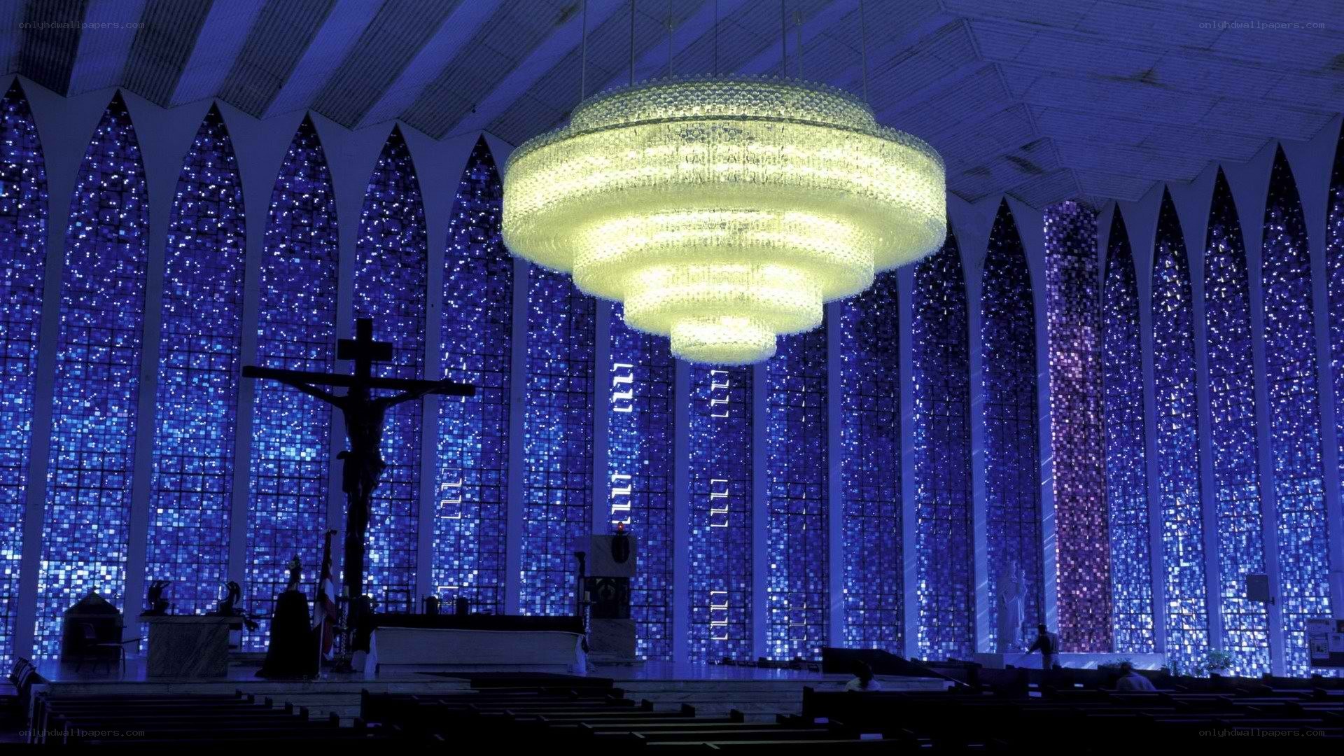 Church interior with chandelier
