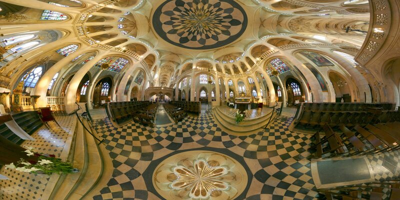 Church interior with checkered floor