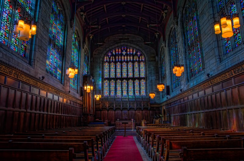Church interior with stained glass