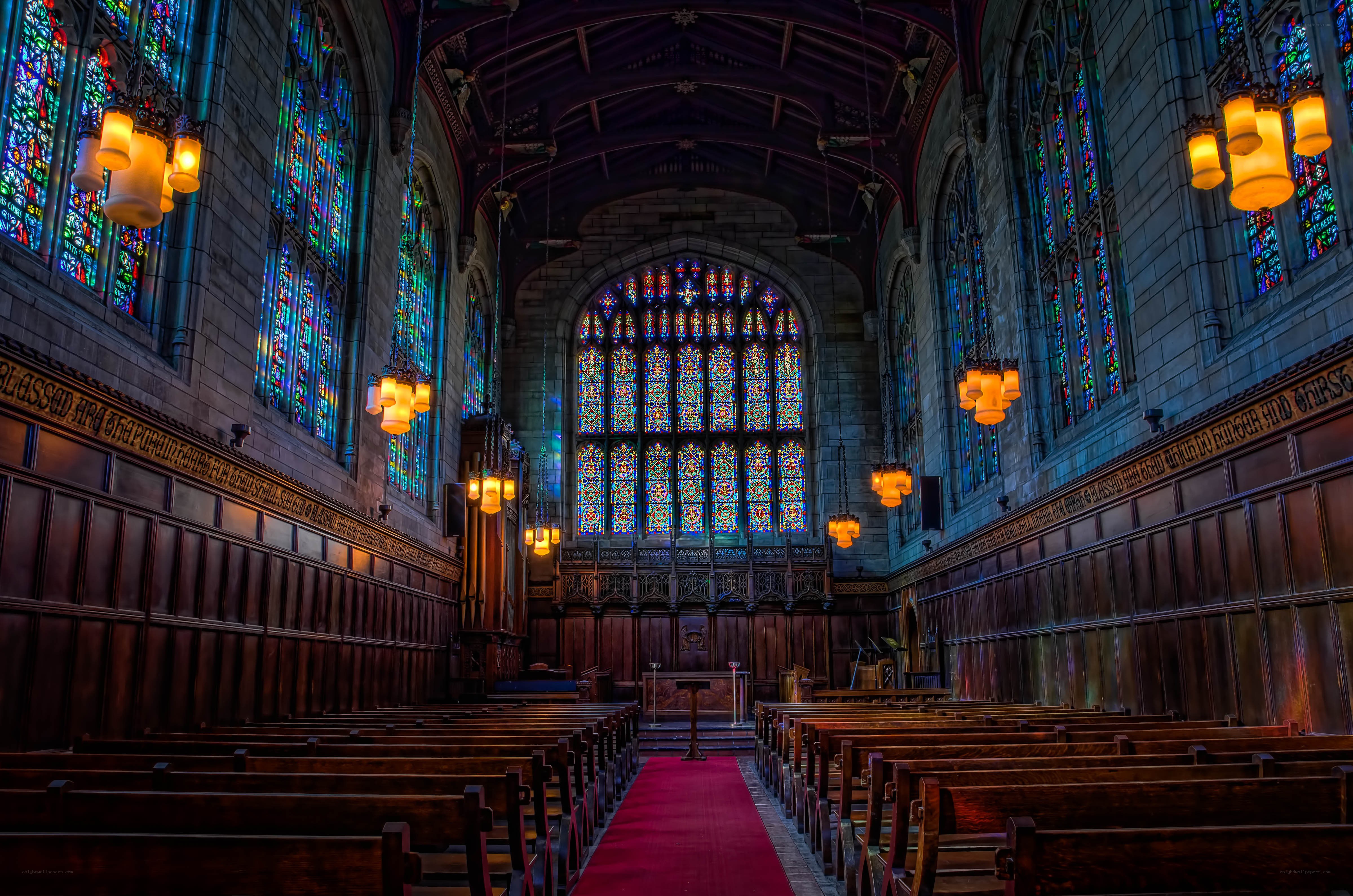 Church interior with stained glass