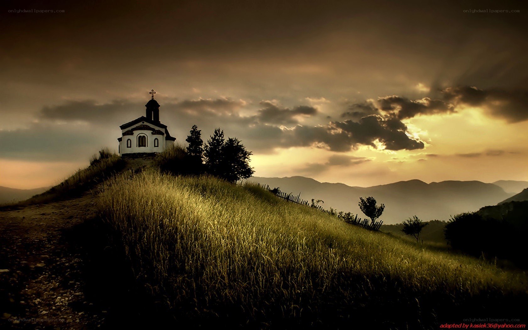 Church on a hill at sunset