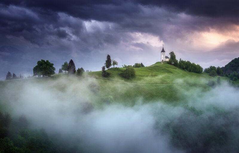 Church on a Hill — Green, Dramatic, Morning