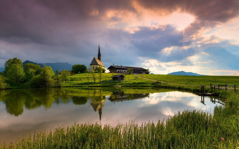 Church on a Hill — Green, Dramatic, Sunset, Photograph
