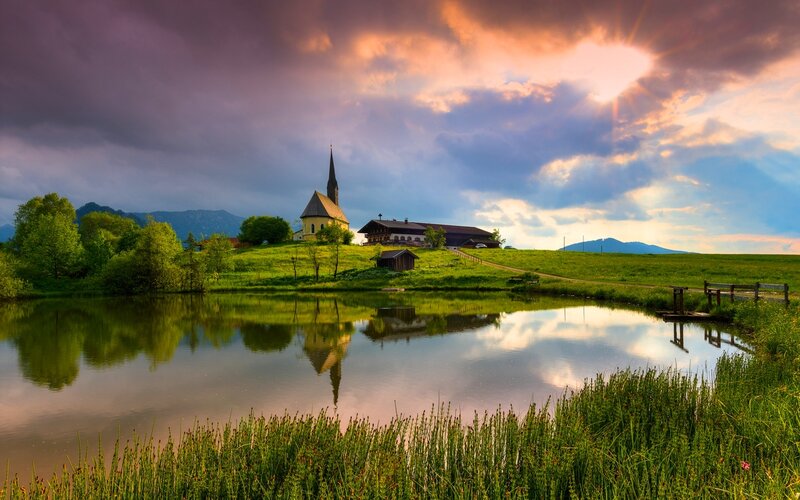Church on a Hill — Green, Dramatic, Sunset