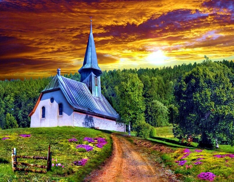 Church on a Hill — Green, Dramatic