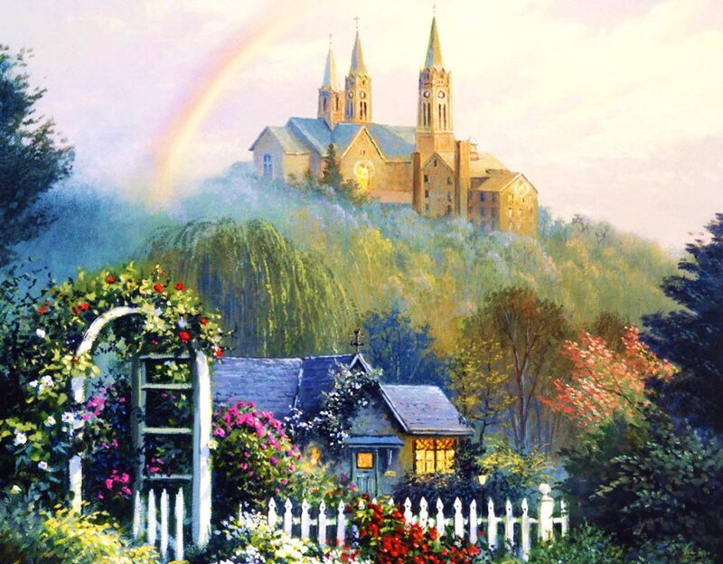Church on a Hill — Green, Serene, Afternoon, Painting