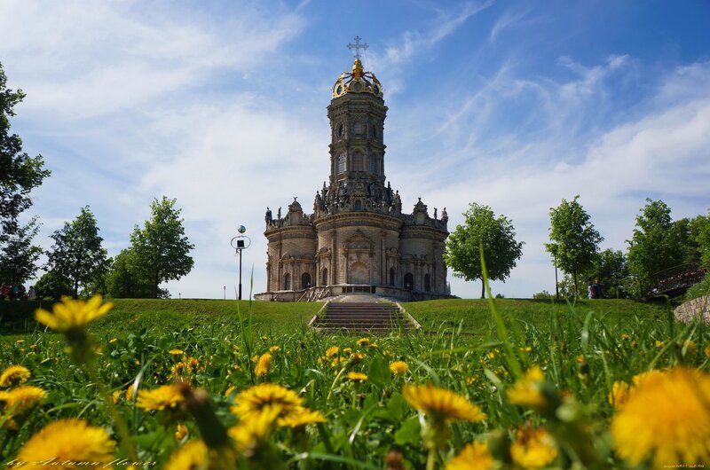Church on a Hill — Green, Serene, Afternoon, Photograph, Dandelions