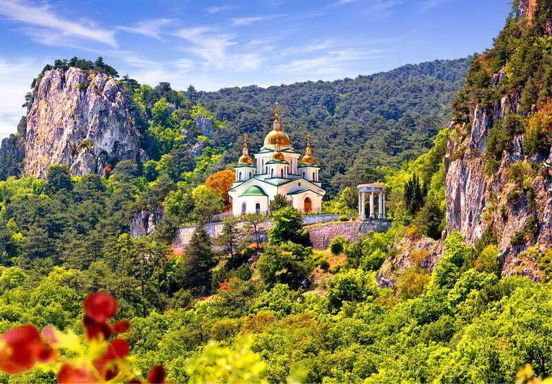 Church on a Hill — Green, Serene, Afternoon, Photograph, Mountain