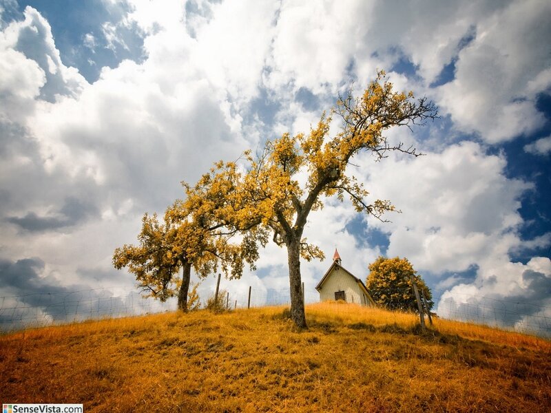Church on a hill with autumn trees