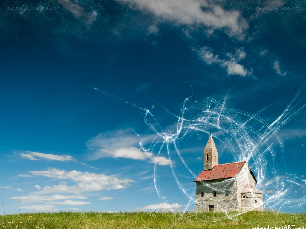 Church on a hill with light trails