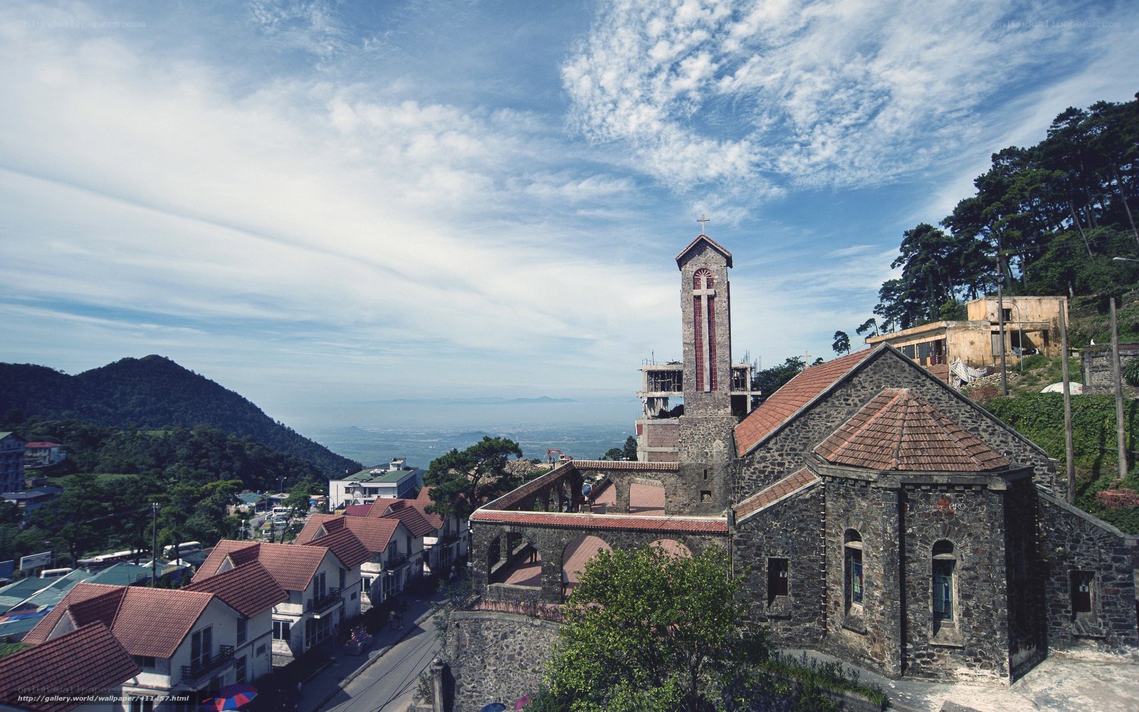Church on a hillside overlooking a valley