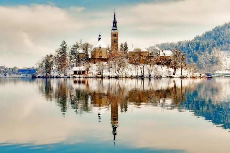 Church on a Lake Island — Blue, Serene