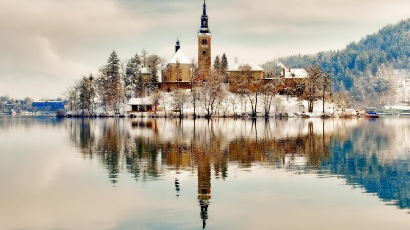 Church on a Lake Island — Blue, Serene, Winter, Photograph
