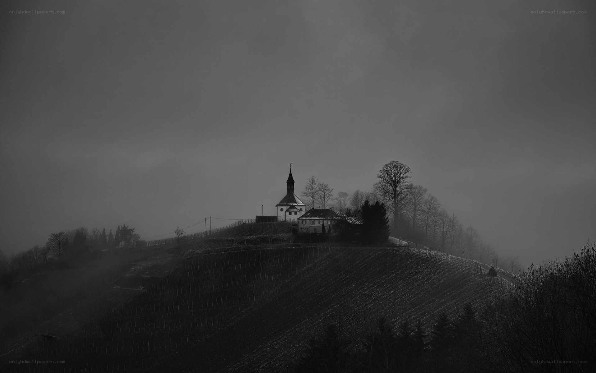 Church on a misty hill