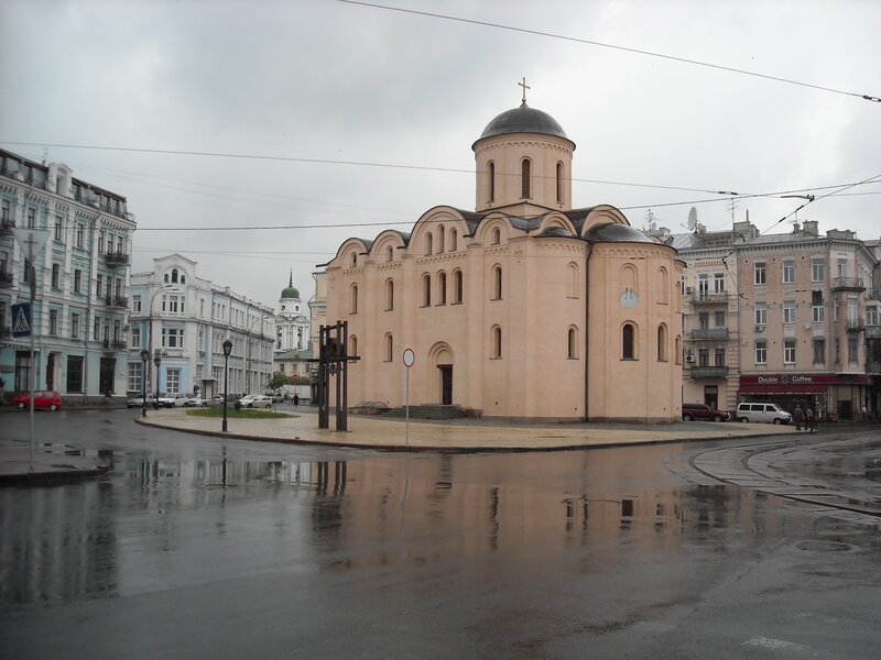 Church on a wet city street