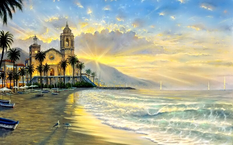 Church on Beach at Sunrise — Blue, Serene, Painting, Palm Trees