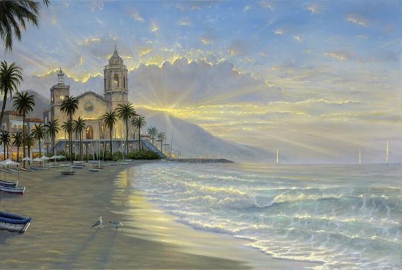 Church on Beach at Sunrise — Blue, Serene, Painting