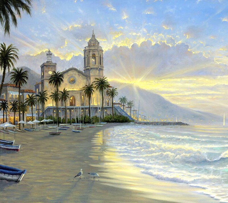 Church on Beach at Sunrise — Blue, Serene