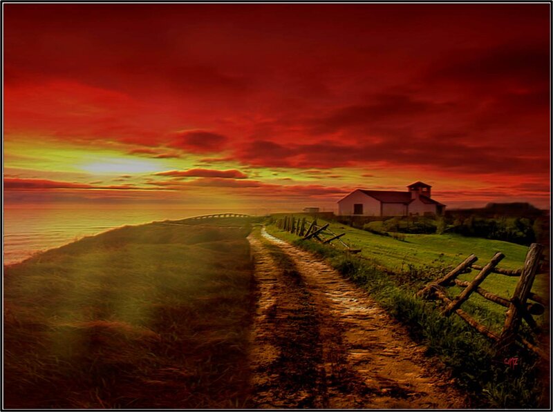 Church on Coastal Hill — Red