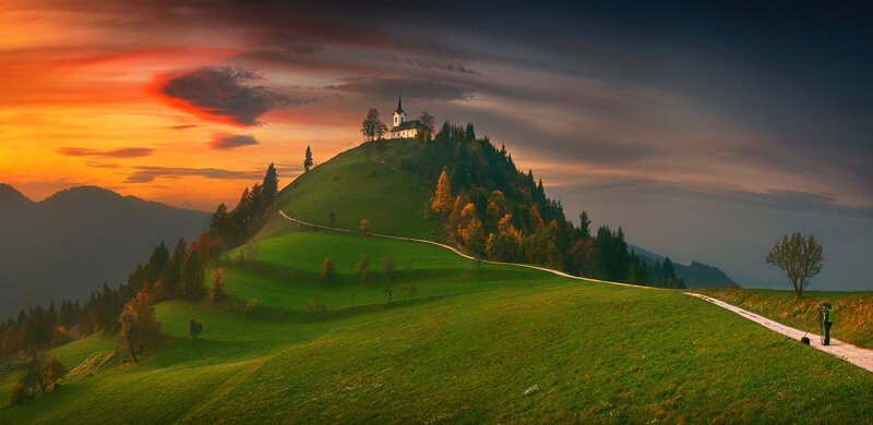Church on Hill at Sunset — Green, Dramatic