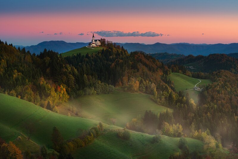 Church on Hill at Sunset — Green, Serene