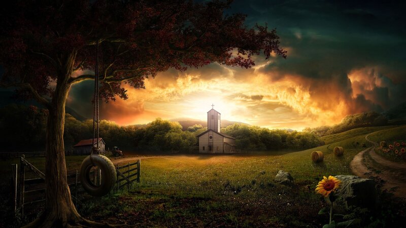 Church on Hill at Sunset — Green