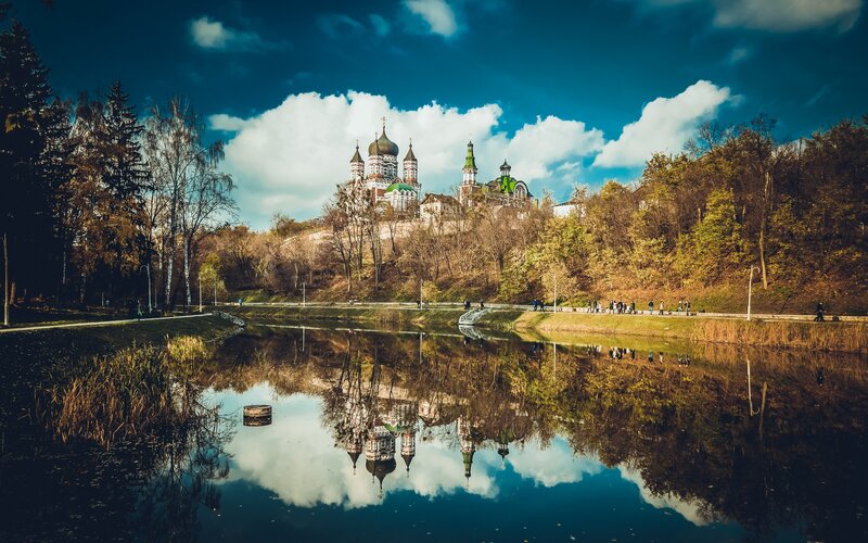 Church on Hill by Lake
