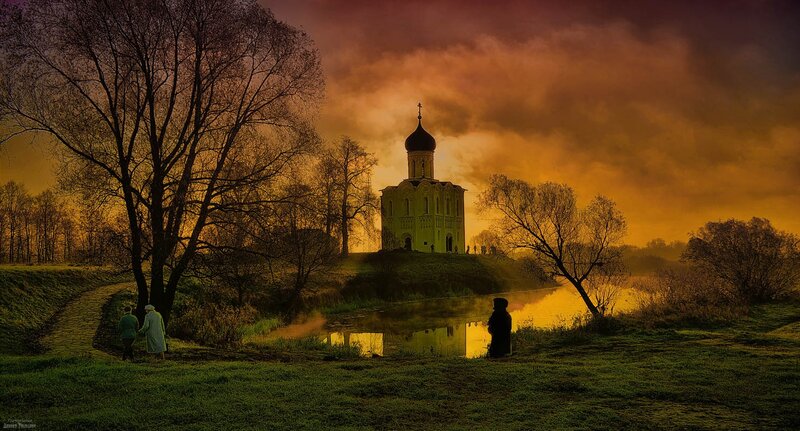 Church on Hill by River — Orange
