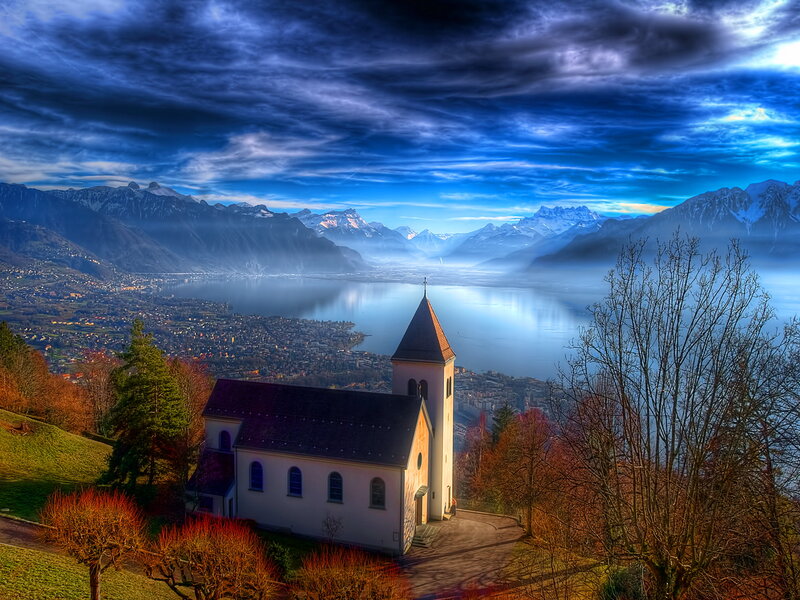 Church on Hillside — Blue