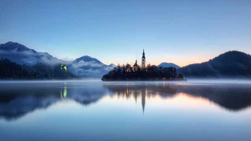 Church on Island in Lake — Blue, Serene, Morning