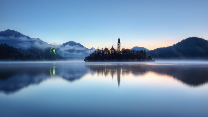 Church on Island in Lake — Blue