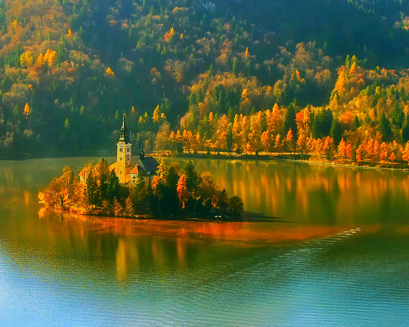Church on Island in Lake — Green, Serene, Autumn