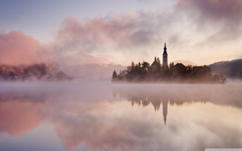 Church on Island in Lake — Pink