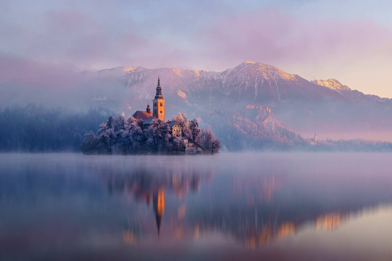 Church on Island in Lake — Purple, Serene, Sunrise