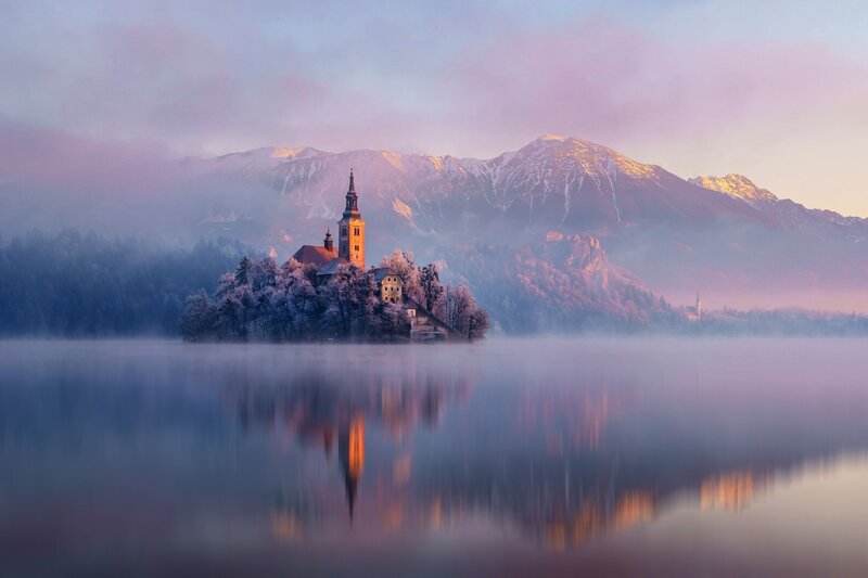 Church on Island in Lake — Purple