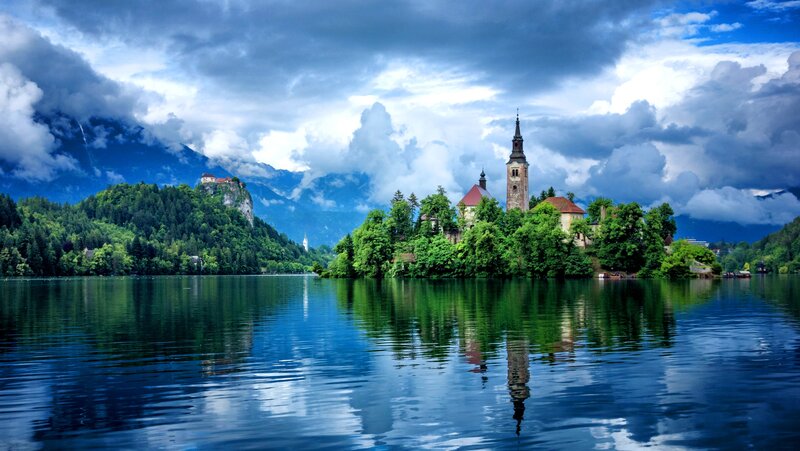Church on Lake Island — Blue, Dramatic, Afternoon