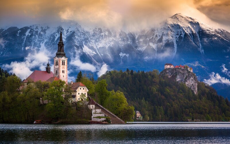 Church on Lake Island — Blue, Dramatic, Sunset