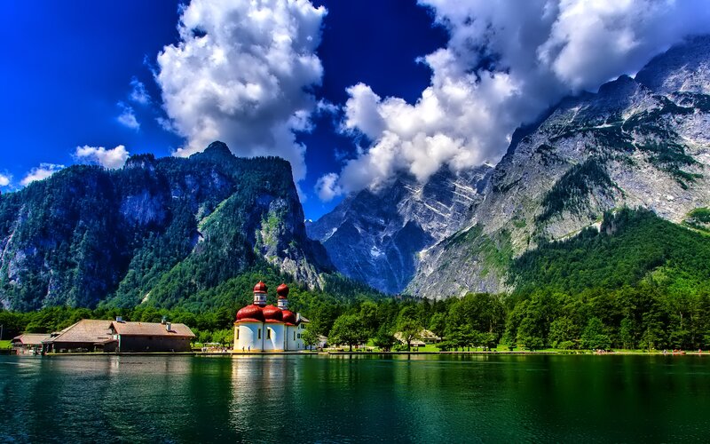Church on Lake Island — Blue, Dramatic