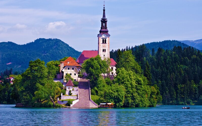 Church on Lake Island — Blue, Serene, Afternoon, Photograph