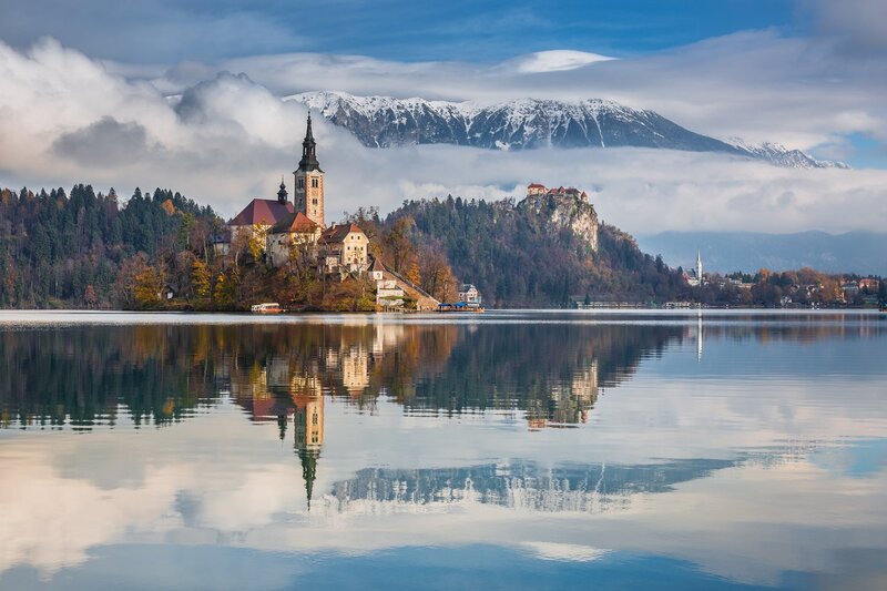 Church on Lake Island — Blue, Serene, Autumn, Photograph