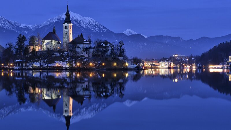 Church on Lake Island — Blue, Serene, Night, Photograph, Mountains